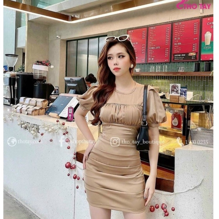 Đầm xòe chữ A kiểu cổ vuông tay ngắn bồng,đầm lụa satin xếp ly ngực thiết kế ôm dáng body dự tiệc dạo phố XM Minh Phúc