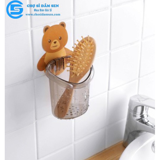Ly cốc đựng bàn chải kem đánh răng dán tường hình gấu cute, cốc dán tường nhà tắm chú gấu dễ thương