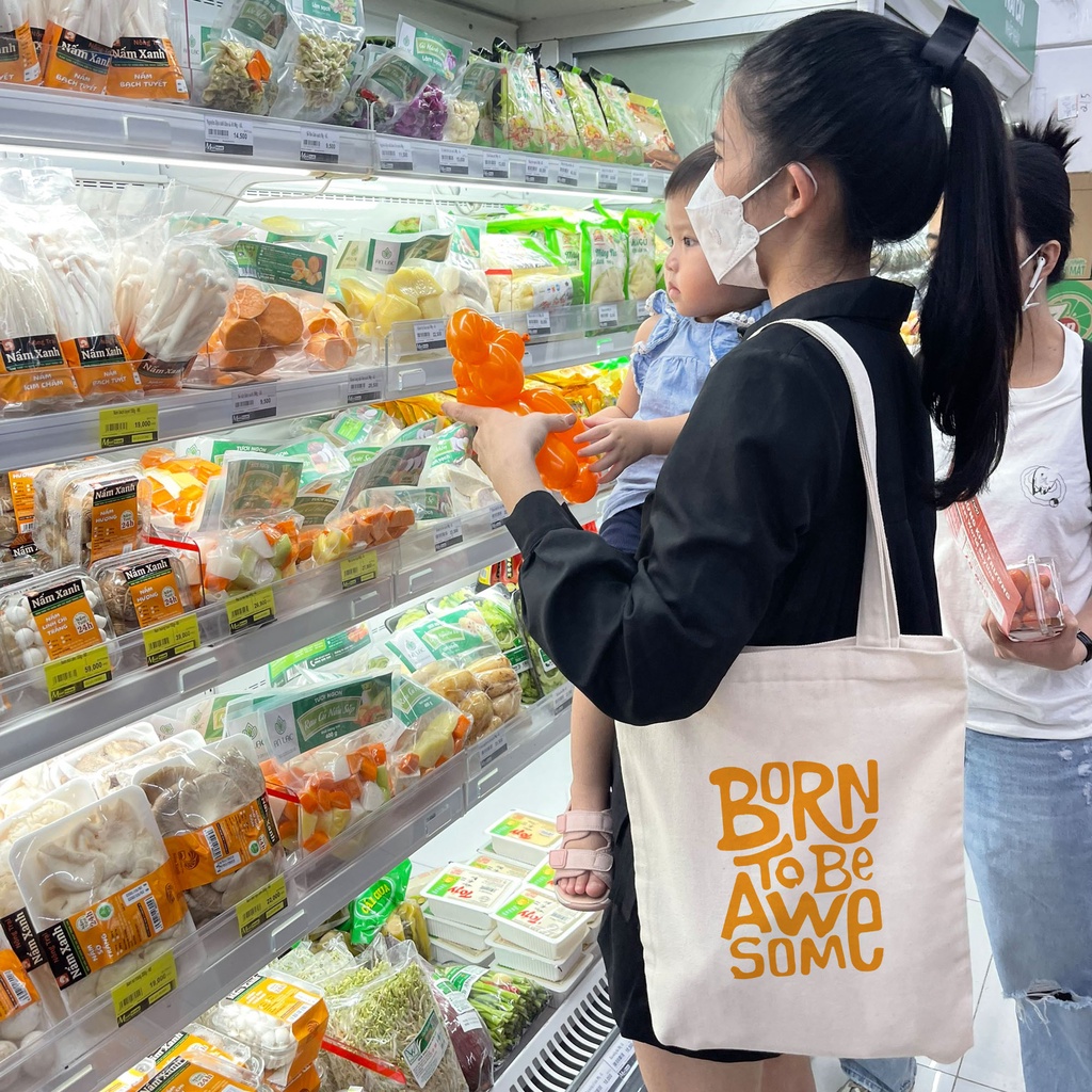 Túi tote vải mộc Tiệm nhà Pony dây kéo in hình Born to be awsome PM42