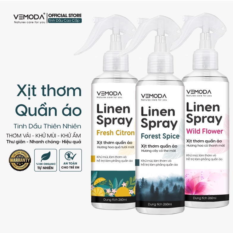 Xịt thơm quần áo Vemoda 260ml cao cấp giúp khử mùi ẩm mốc, làm thơm vải nhanh chóng