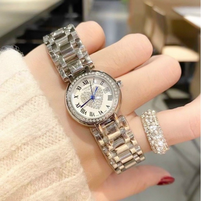 Đồng hồ nữ Longines, size 26mm, đính đá trái tim, mặt kính chống xước,dây thép không gỉ, viền đính đ