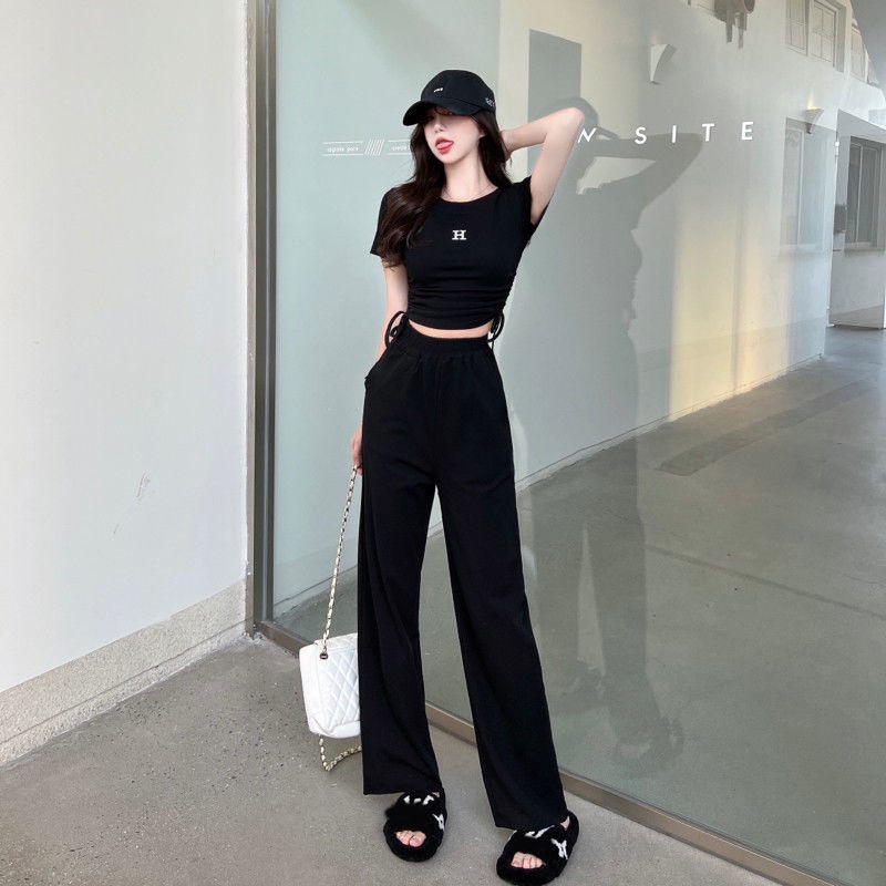 Set đồ COZOKC gồm áo thun ngắn tay và quần dài ống rộng thời trang cho nữ