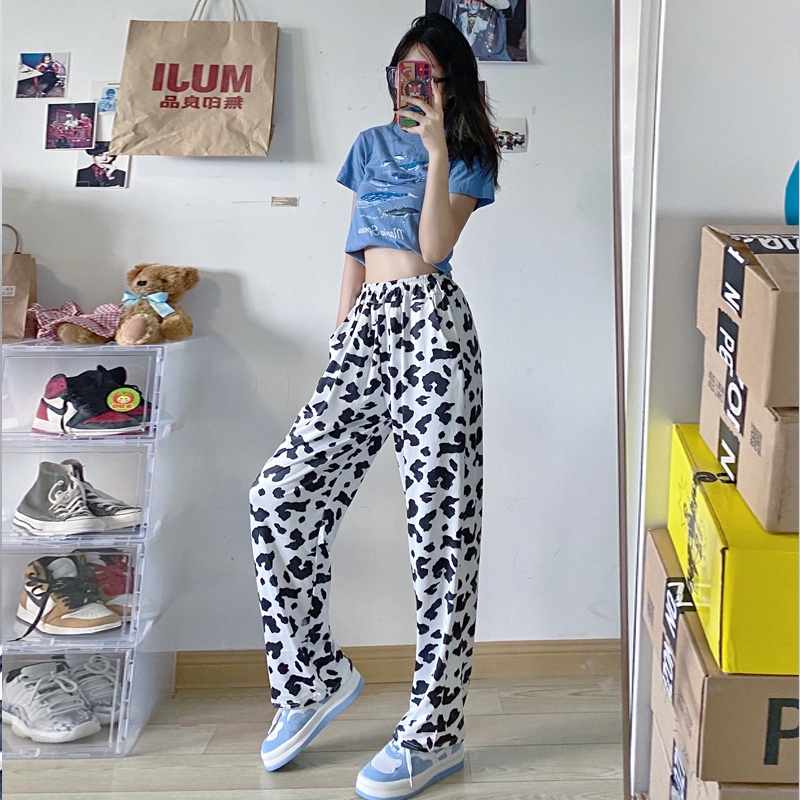 Quần Dài Ống Rộng Họa Tiết Bò Sữa Đen Trắng Cá Tính Thời Trang Cho Nữ