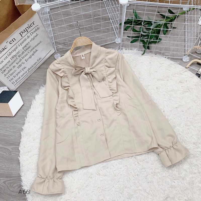 Áo kiểu nhung bèo nơ tay dài A661