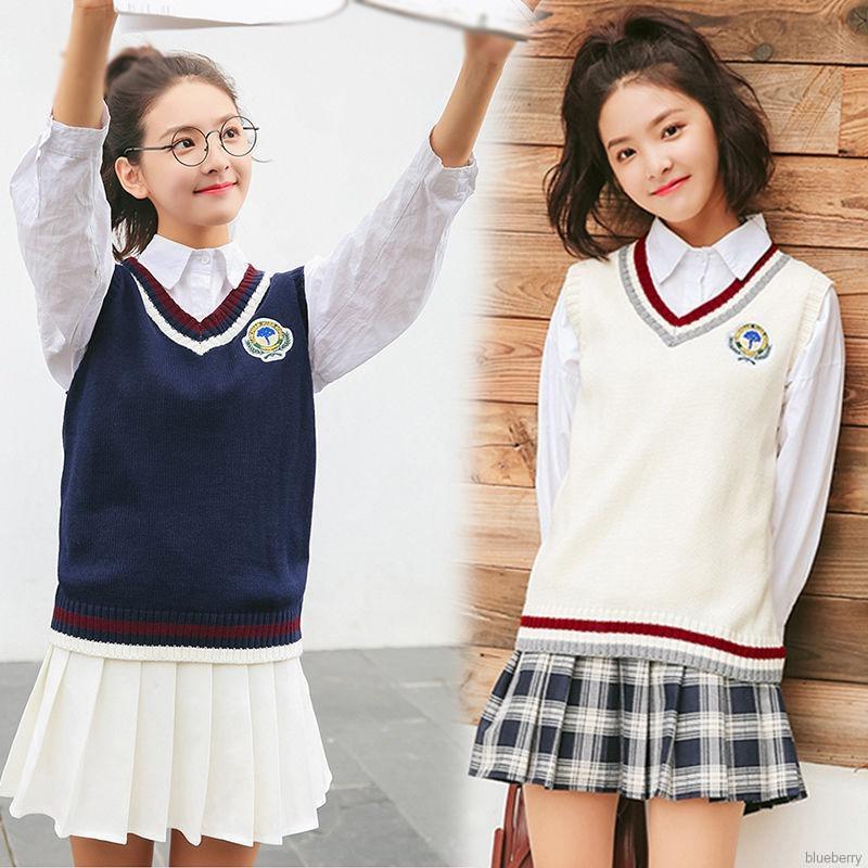 blueberry-    Knit Sleeveless Vest Sweater  V Neck Academic Style  Tops Women's Casual Blouse Korean Campus style