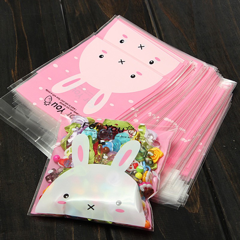 Set 100 Túi Nhựa Bóng Kính Họa Tiết Thỏ Đựng Bánh Kẹo