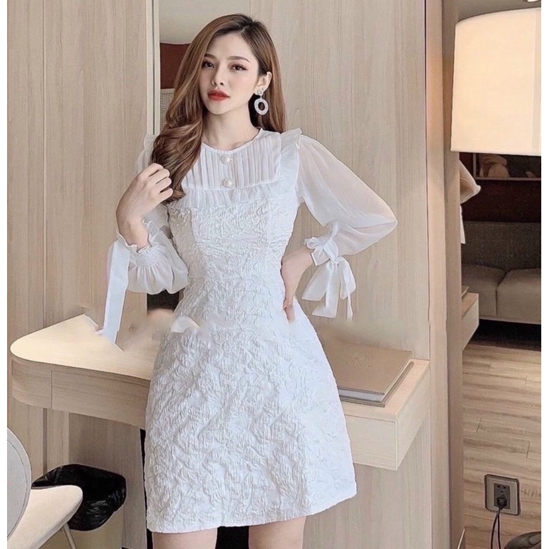 Đầm suông trắng ❤️ Đầm phi trắng tay voan cột nơ