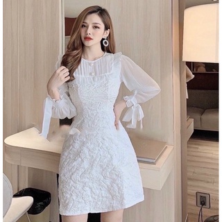 Đầm suông trắng ❤️ Đầm phi trắng tay voan cột nơ D16