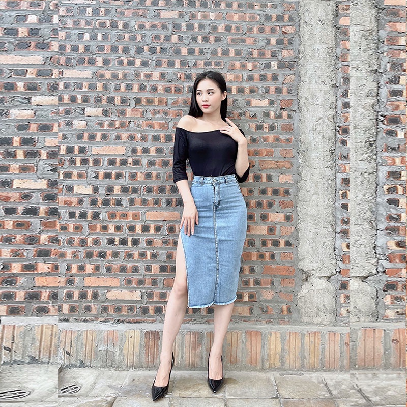 Set chân váy bò áo lệch vai dáng chữ A Lylylorem TK005