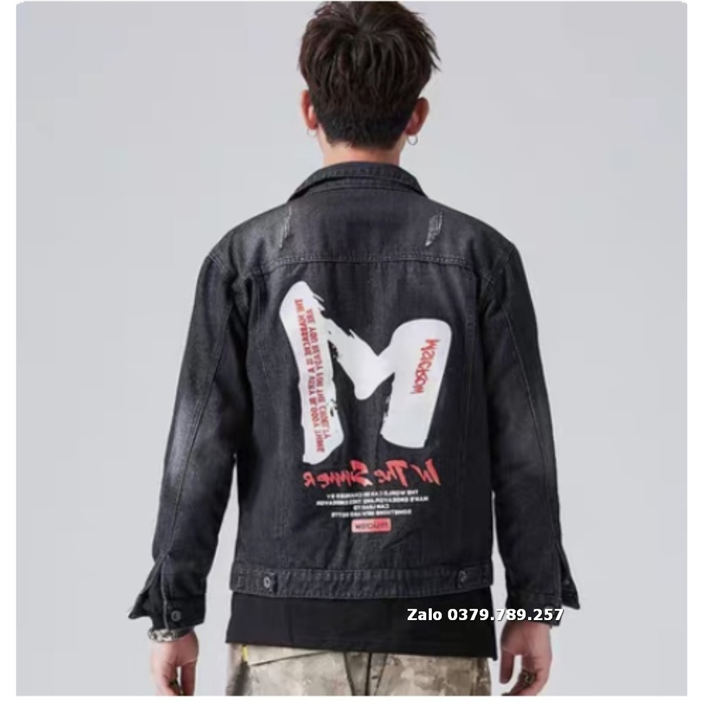 Áo khoác jean nam xám đen chữ M - áo đen rách cao cấp túi trong 2 lớp form rộng Chiwawa shop