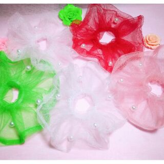 Dây buộc tóc scrunchies voan lưới ánh nhũ đính hạt châu