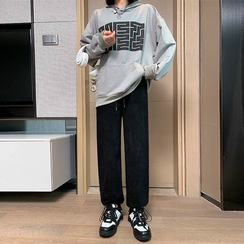 Quần Dài Nhung Nam Nữ Unisex Mùa Hè Dáng Rộng Ống Đứng Phối Sọc Thời Trang