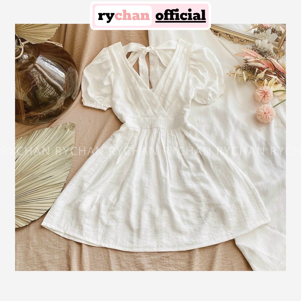 Đầm Xòe Trắng Cổ V Tay Phồng Thắt Nơ Lưng Lót Trong Dày Dặn [Ảnh Thật Cuối] - DX0025