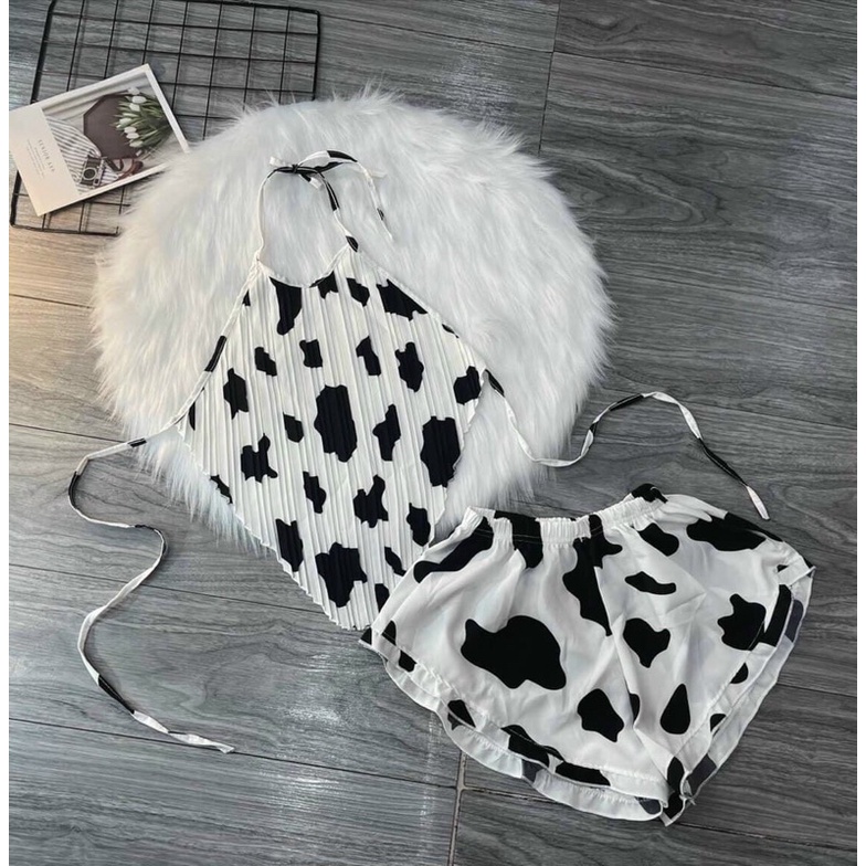 [ Hana ] Sét Bộ Đồ Ngủ Bò Sữa Dập Ly Cổ Yếm Quyến Rủ Sexy Mặc Ở Nhà Thoải Mái, Siêu Mát | BigBuy360 - bigbuy360.vn