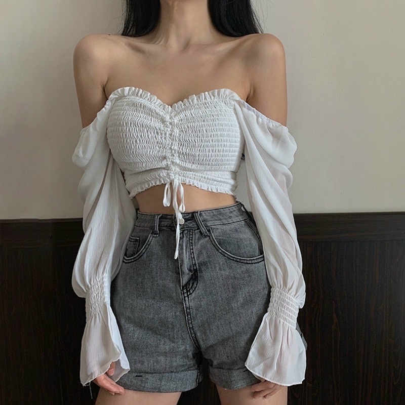 Áo Croptop Trễ Vai Voan Rút Nhún Thân Tay Dài A5020