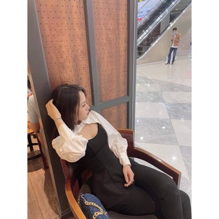 Áo Thiết Kế Cổ Sơ Mi Đen Phối Trắng