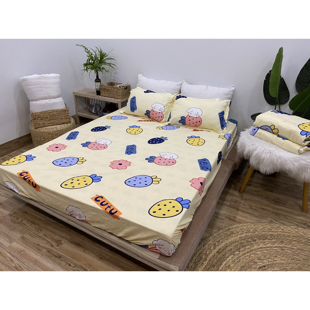 [FREE SHIP]Bộ Ga Gối 1m4x2m Vải Cotton Poly Mềm Mịn,được chọn mẫu hanhrui-dâu tây vàng