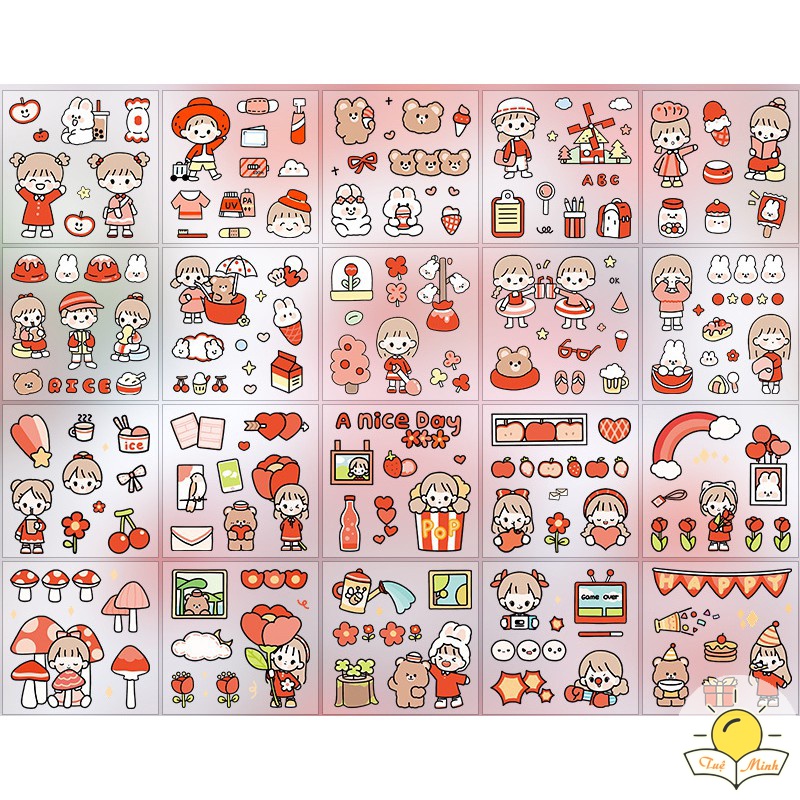 Set 20 tấm 100 miếng sticker nhãn dán Cô nàng dễ thương cute trang trí sổ, điện thoại, nhãn dán laptop