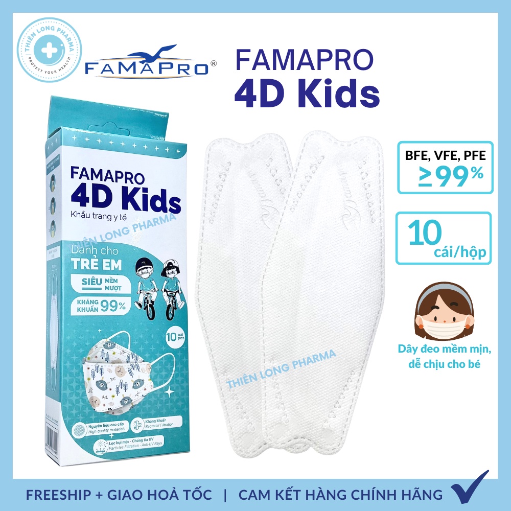 [Hộp 10 cái] Khẩu trang trẻ em KF94 4D Famapro hoạ tiết dễ thương dành cho bé 3 đến 10 tuổi