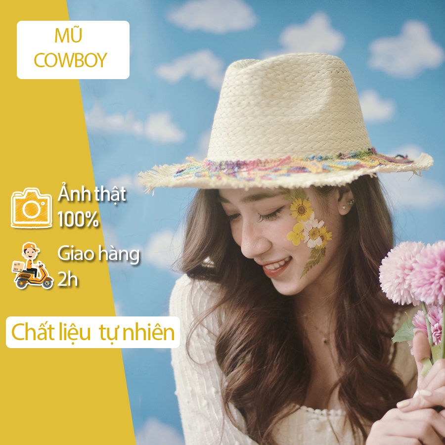 Mũ cói panama đi biển vintage tua rua nhiều màu (mũ phớt)