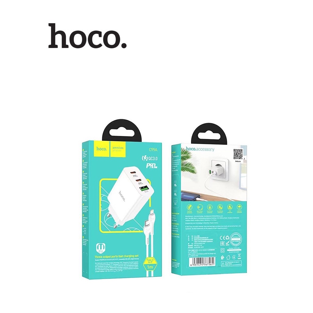 Bộ sạc 20W/18W Hoco C99A cổng USB / 2 Type-C kèm cáp sạc Type-C dành cho IP10/11/12/13/14promax dài 100CM