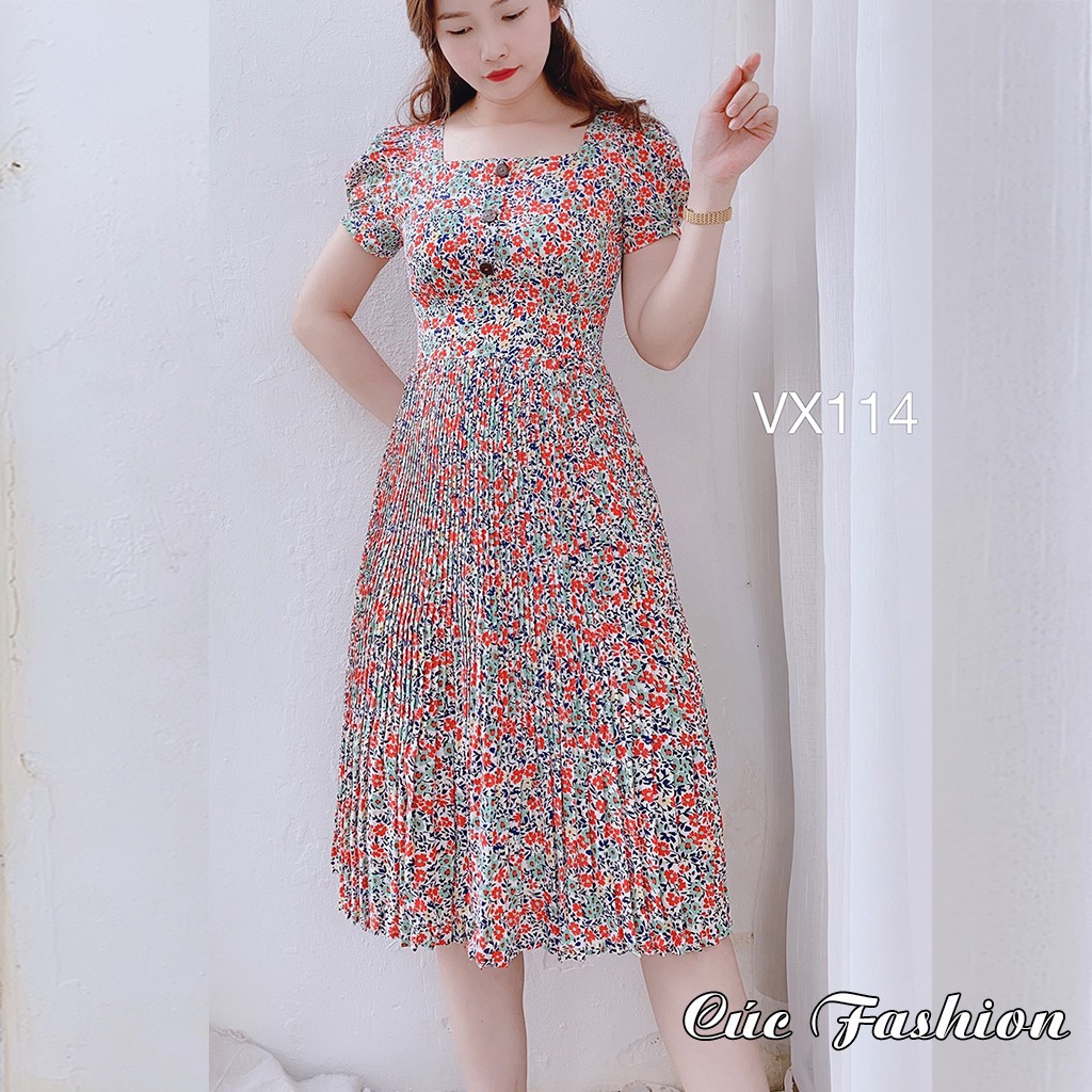 [ Mã WASTRUN4 giảm 10% tối đa 30K đơn 99K] Váy liền thân công sở cao cấp đẹp Cúc Fashion VX114 váy nữ hoa nhí cúc gỗ