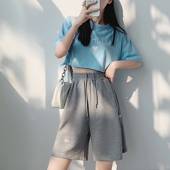 【ZHELIHANGFEI】Quần Thể Thao Lưng Cao Ống Rộng Phong Cách Preppy