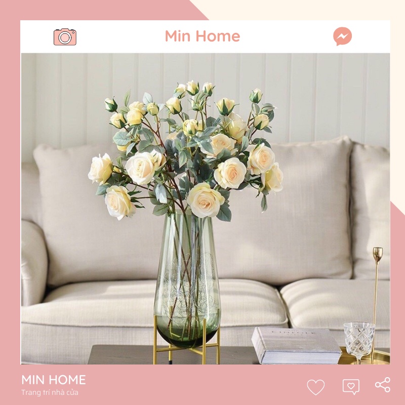 Hoa giả trang trí nhà cửa decor không gian để bàn hoa hồng giả 4 bông hoa lụa cao cấp MinHome HG4