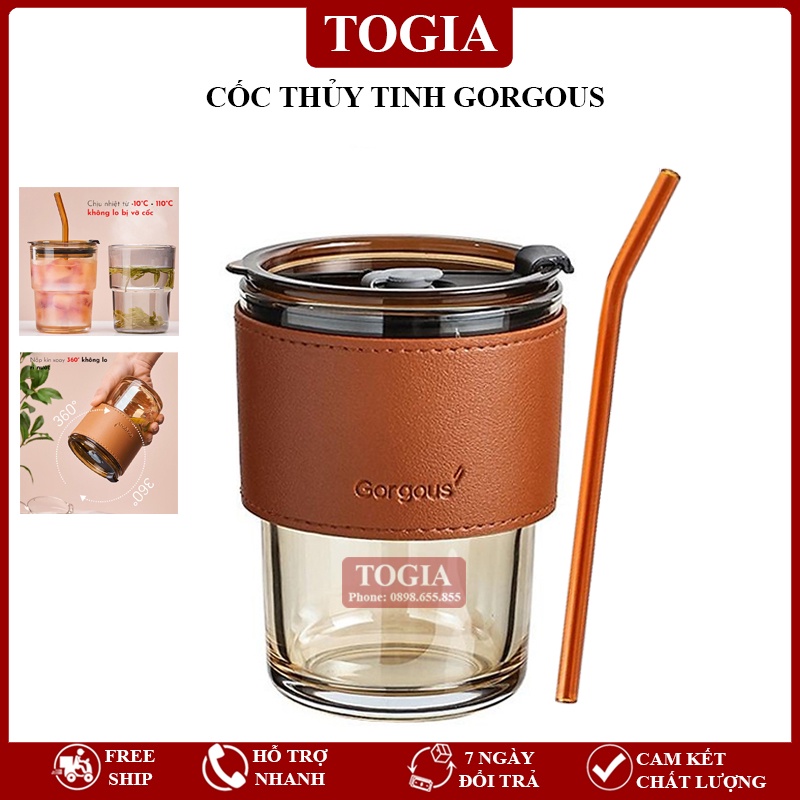 Cốc Thủy Tinh - Ly Coffe, Ly Trà Màu Hổ Phách Bọc Da Chịu Nhiệt Có Nắp Và Tặng Kèm Ống Hút Tiện Lợi 450ml