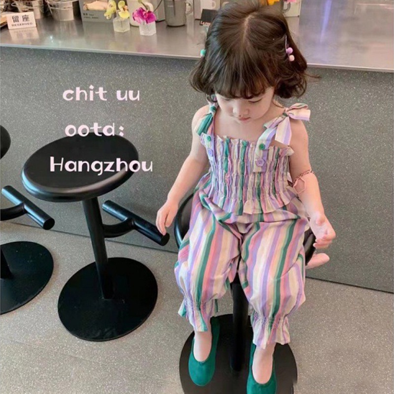 Bộ Đồ 2 Món Gồm Áo Hai Dây Kẻ Sọc Nhiều Màu + Quần Dài Co Giãn Cho Bé Gái