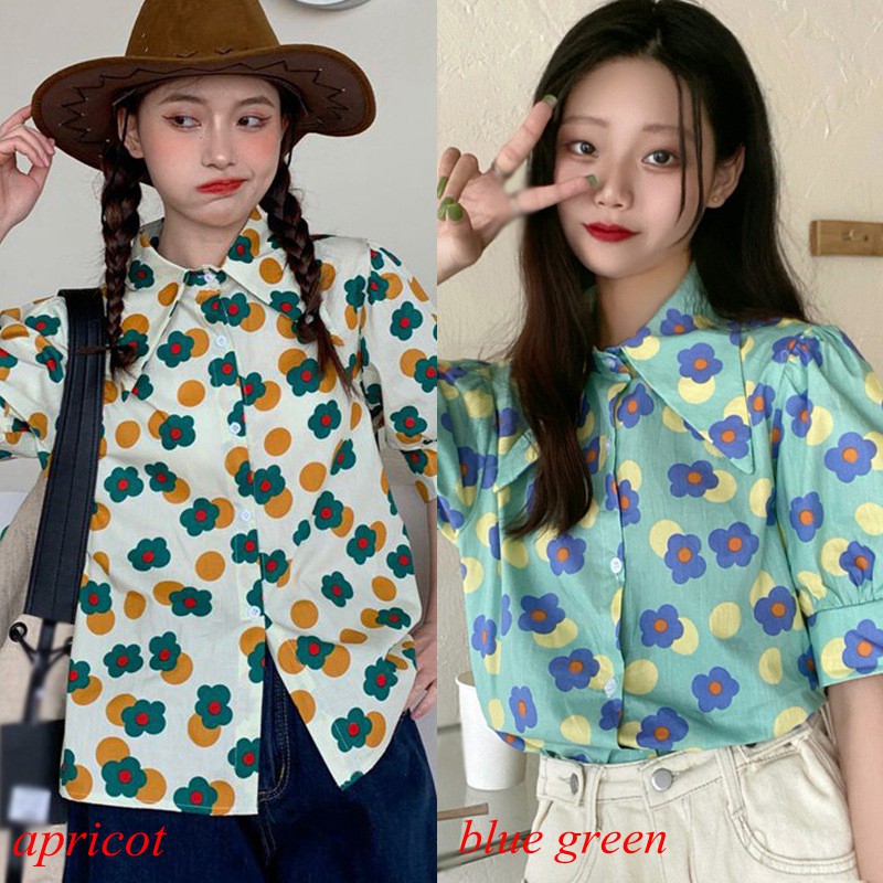 Áo Sơ Mi Hoa Tay Ngắn Dáng Rộng Phong Cách Retro Cho Nữ