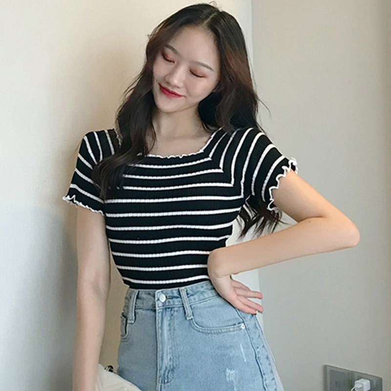 Áo dệt kim nữ trễ vai viền nhún