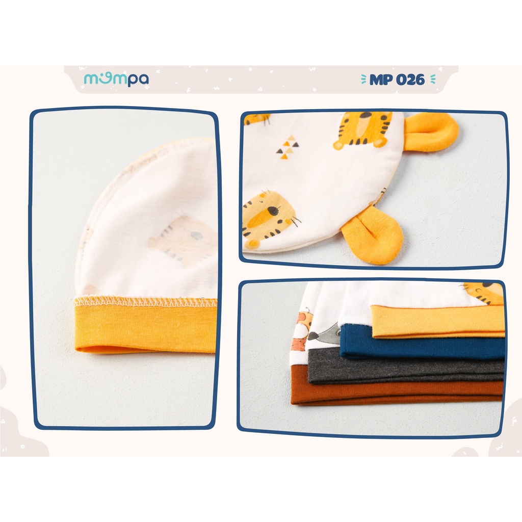 Mũ sơ sinh Set 2 chiếc Mompa vải cotton bảo vệ thóp che đầu che tai bé co giãn thấm hút thông thoáng 026