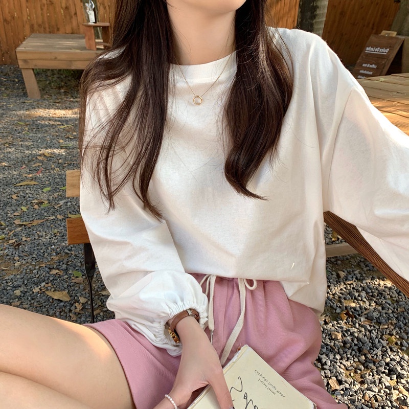 SUXI Áo Thun Tay Dài Cổ Tròn Màu Sắc Đơn Giản Thời Trang Mùa Thu Cho Nữ