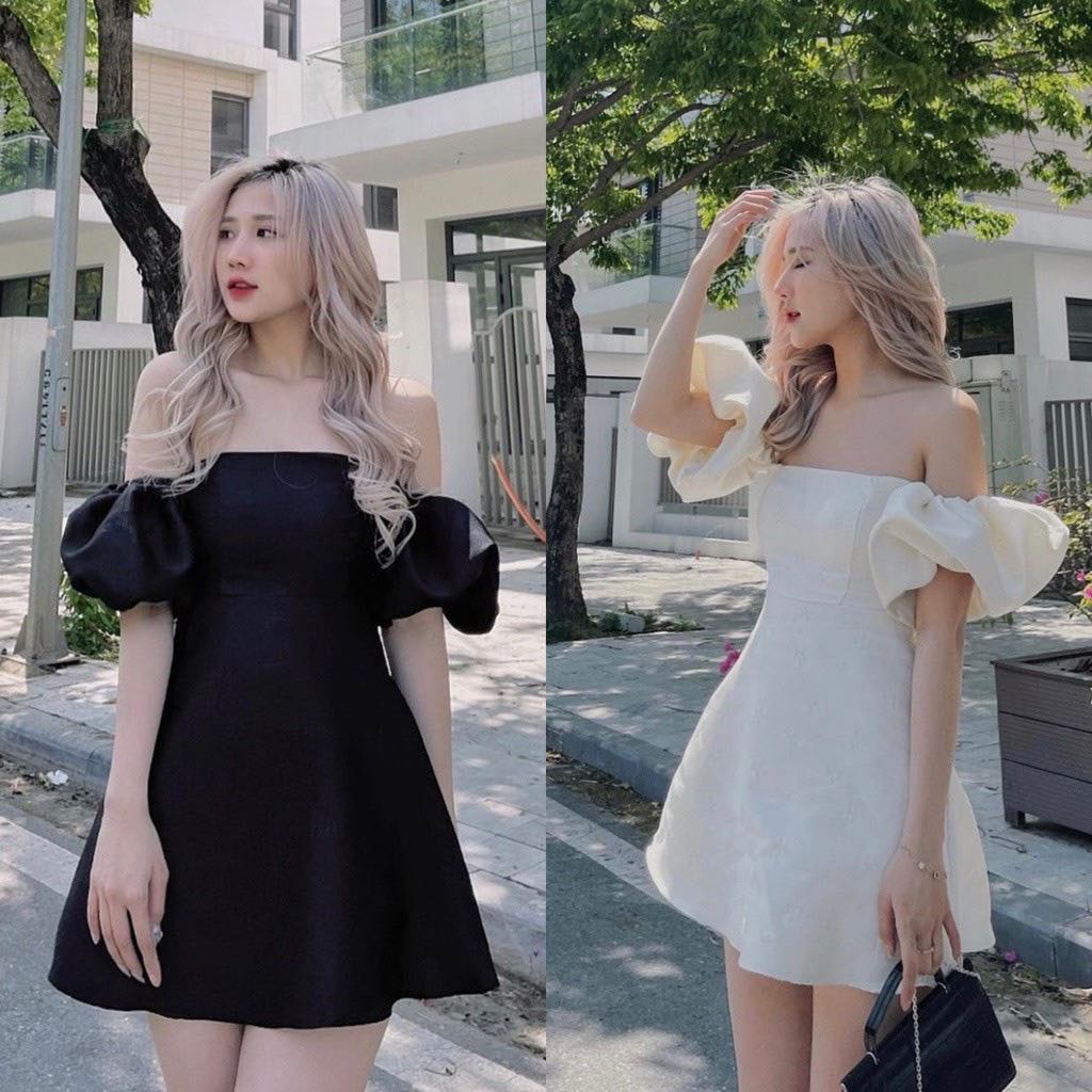 Đầm-Váy Xốp Trễ Vai Tay Bồng Họa Tiết Nổi Sang Trọng Có 2 Kiểu Mặc Kết Hợp Khóa Kéo Phía Sau Hai Màu Đen Trắng
