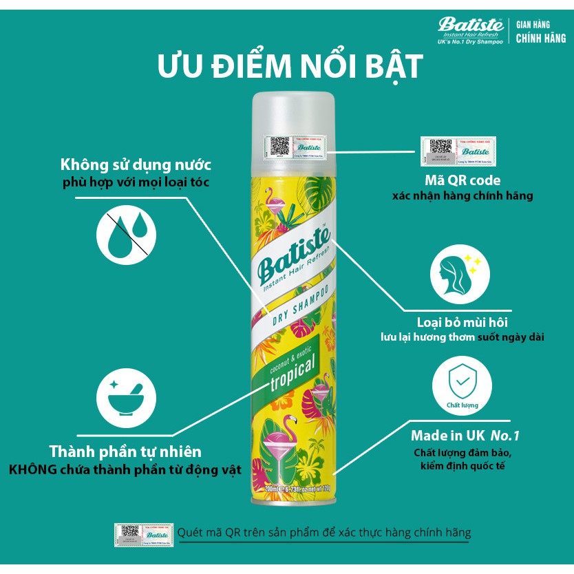 [Mã FMCGMALL giảm 8% đơn từ 250K] Dầu Gội Khô Giúp Sạch Tóc Và Da Đầu ,Hương Thơm Dài Lâu BATISTE Dry Shampoo 200ml