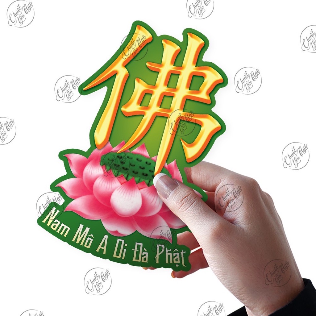 Combo 5 hình decal dán chữ Phật hoa sen Nam Mô A Di Đà Phật cho ô tô, nhà cửa, Kích thước 9cm x 14cm.