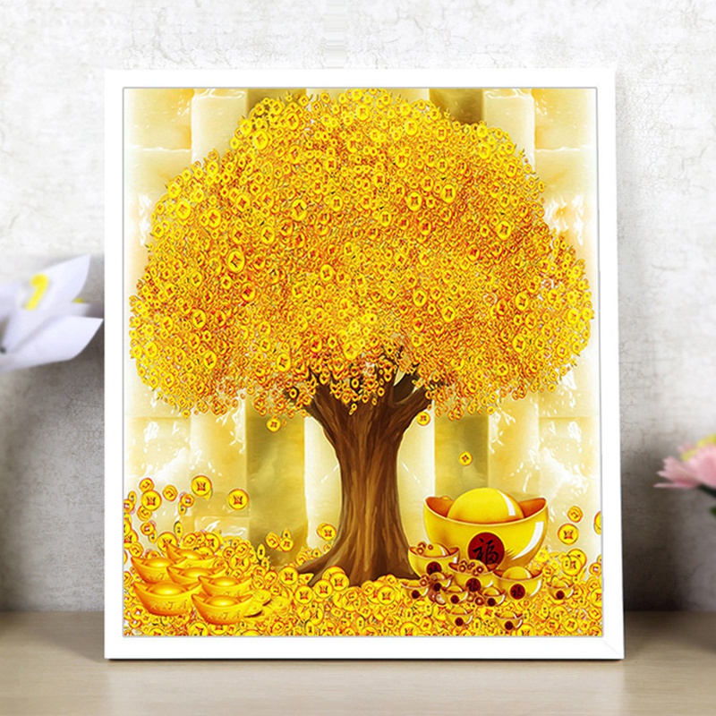 Tranh đính đá tự làm hình cây tài lộc 30x40cm lấp lánh đẹp mắt