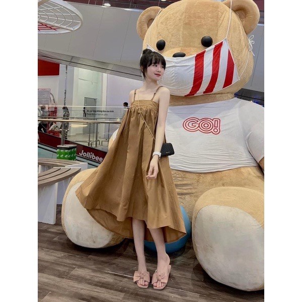 Đầm babydoll hai dây tết xoè rộng- Váy maxi dáng dài 2 dây chất thô mềm về nhiều màu xanh lá hồng trắng be nâu hàn quốc