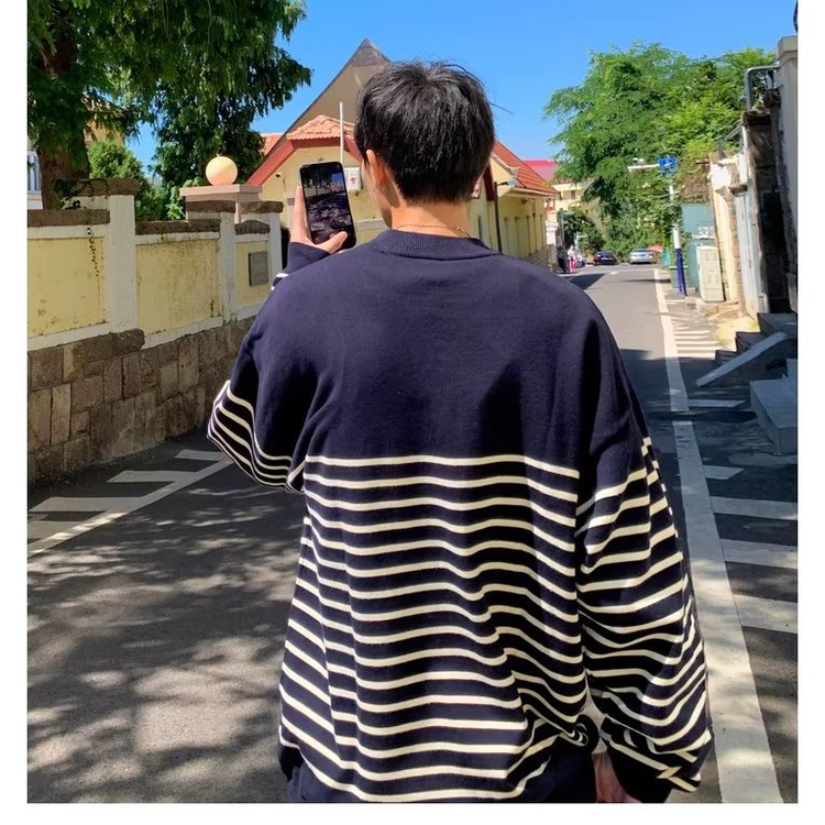 Áo Sweater Dáng Rộng Cổ Tròn Kẻ Sọc Màu Tương Phản Thời Trang Cho Nam Giới Có Size Lớn 8XL