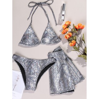 [BKN1390] <ÂU> SET BIKINI 3 MÓN DA RẮN BẠC KÈM CHÂN VÁY XẺ