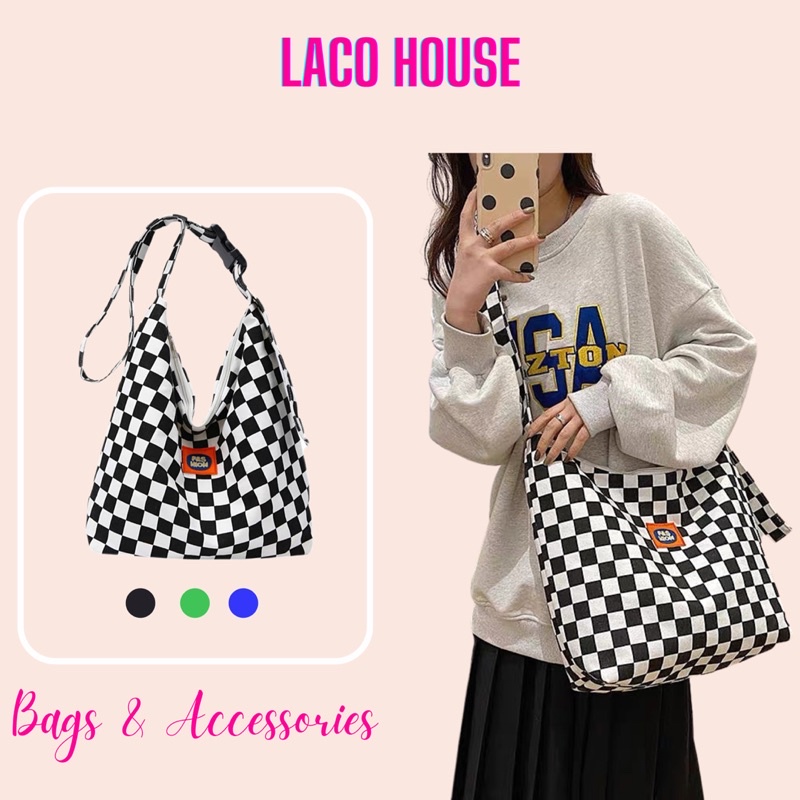 Túi tote Túi vải canvas hoạ tiết caro phong cách Hàn Quốc có khoá kéo T41