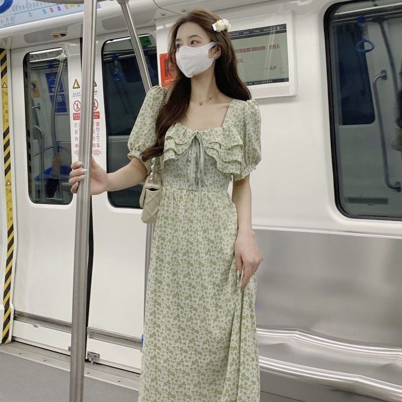 Đầm Midi Cổ Vuông Tay Phồng In Họa Tiết Hoa Thời Trang Mùa Hè Xinh Xắn Cho Nữ