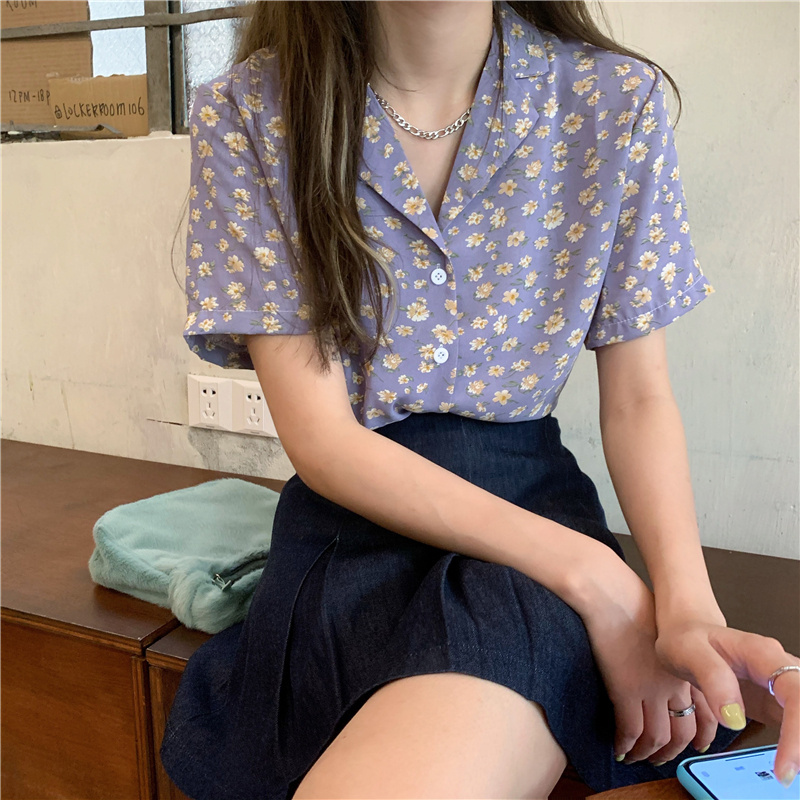 SUXI Áo Sơ Mi Ngắn Tay Dáng Rộng In Hoa Thời Trang Mùa Hè Hàn Quốc Dành Cho Nữ