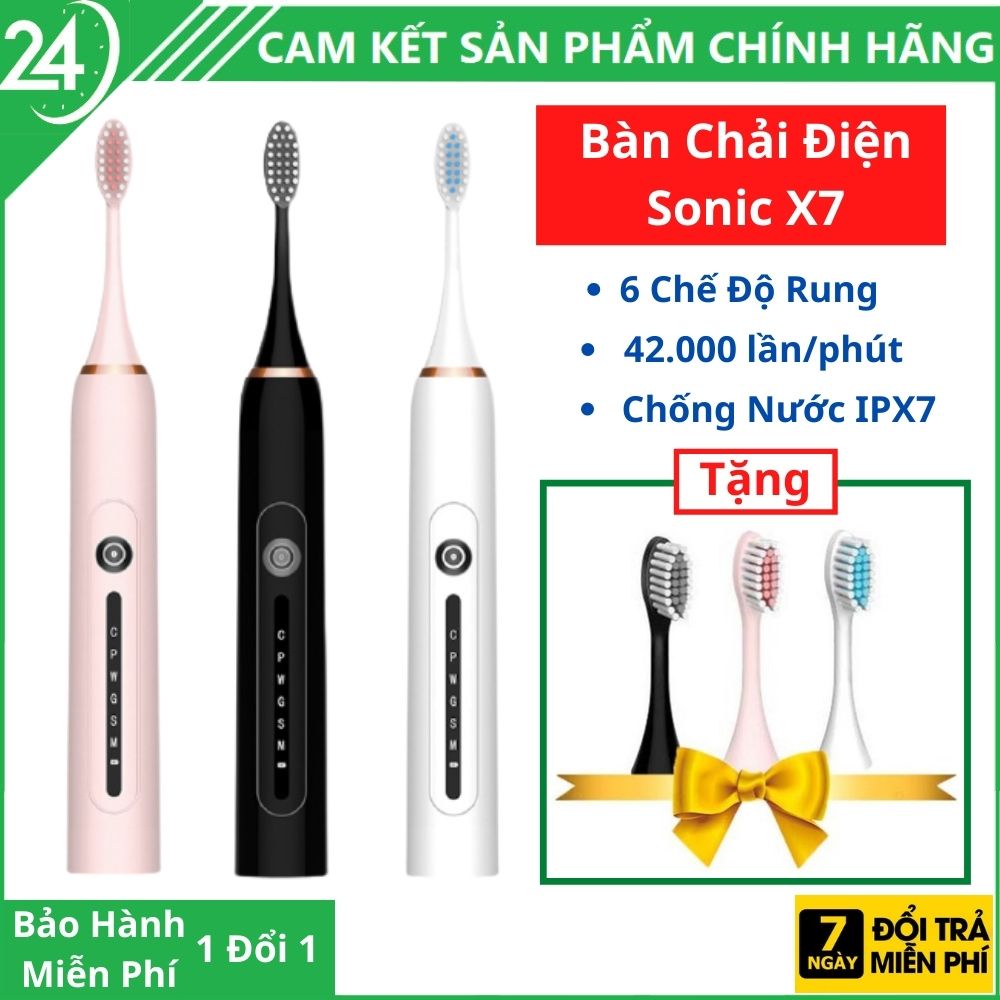 Bàn chải điện Sonic X7 bản nâng cấp Tặng 3 Đầu Bàn Chải Công nghệ Châu Âu 6 Chế Độ Rung, Sạc 1 Lần Dùng 2 Tháng