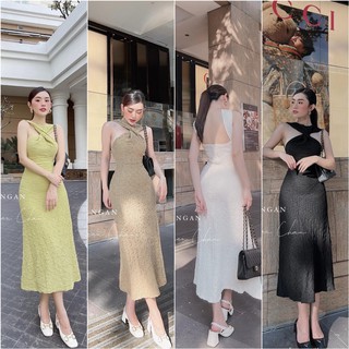 ẢNH THẬT - Đầm maxi body cổ yếm xoắn ngực đen / trắng / nude / xanh cốm thun len xốp LL