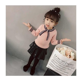 Áo len hồng cổ nơ điệu đà thu đông cho bé gái