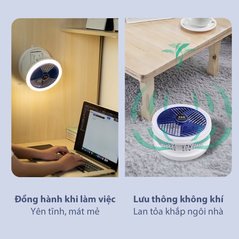 Quạt mini tích điện JIASHI gấp gọn để bàn tích hợp đèn ngủ 4 tốc độ gió dung lượng pin lớn 2400mAh QMN05