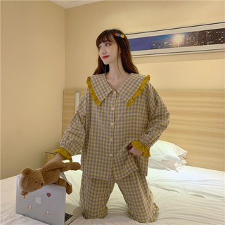 Bộ ngủ pijama, bộ đồ mặc nhà kẻ vàng vuông cổ bèo ulzzang Hàn quốc