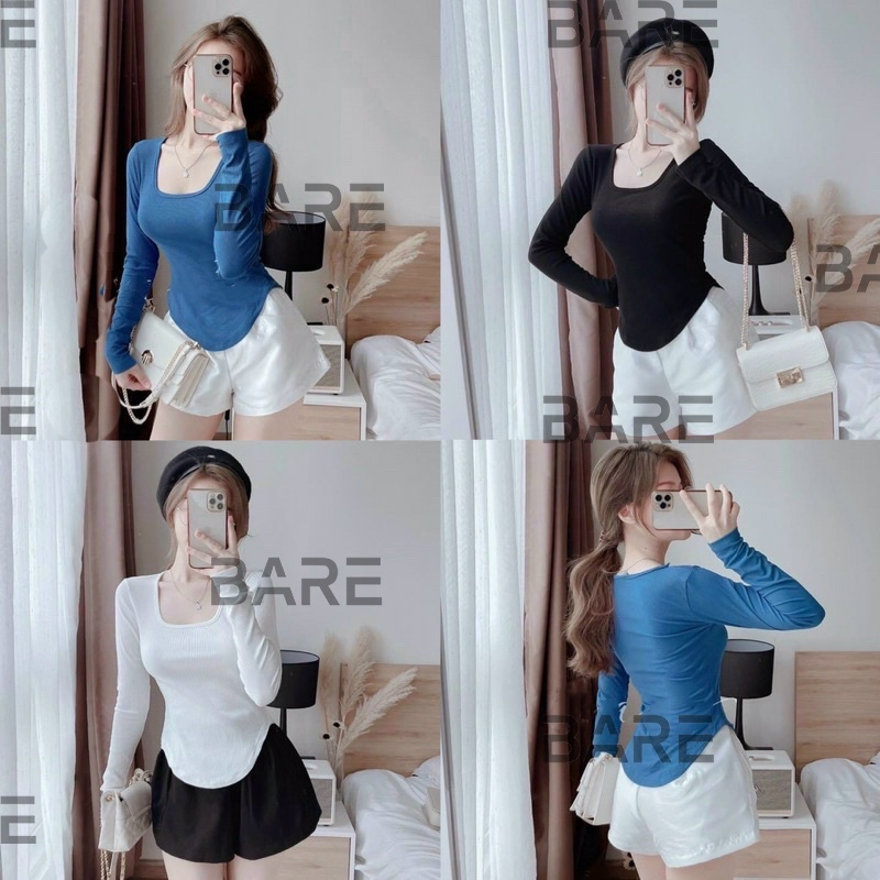 Áo thun nữ ôm body - áo thun gân tay dài cổ chữ U vạt bầu basic chất mịn đẹp - A0134